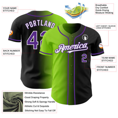 Custom Black Purple Neon Green-White Authentic Gradient Fashion Baseball Jersey