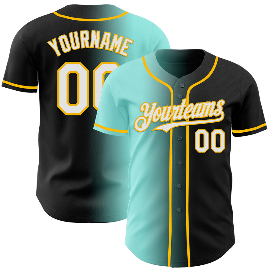 Custom Black White Ice Blue-Gold Authentic Gradient Fashion Baseball Jersey
