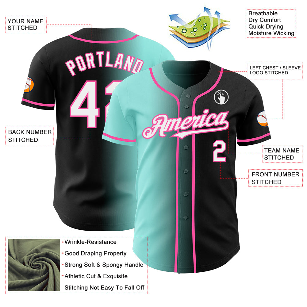 Custom Black White Ice Blue-Pink Authentic Gradient Fashion Baseball Jersey