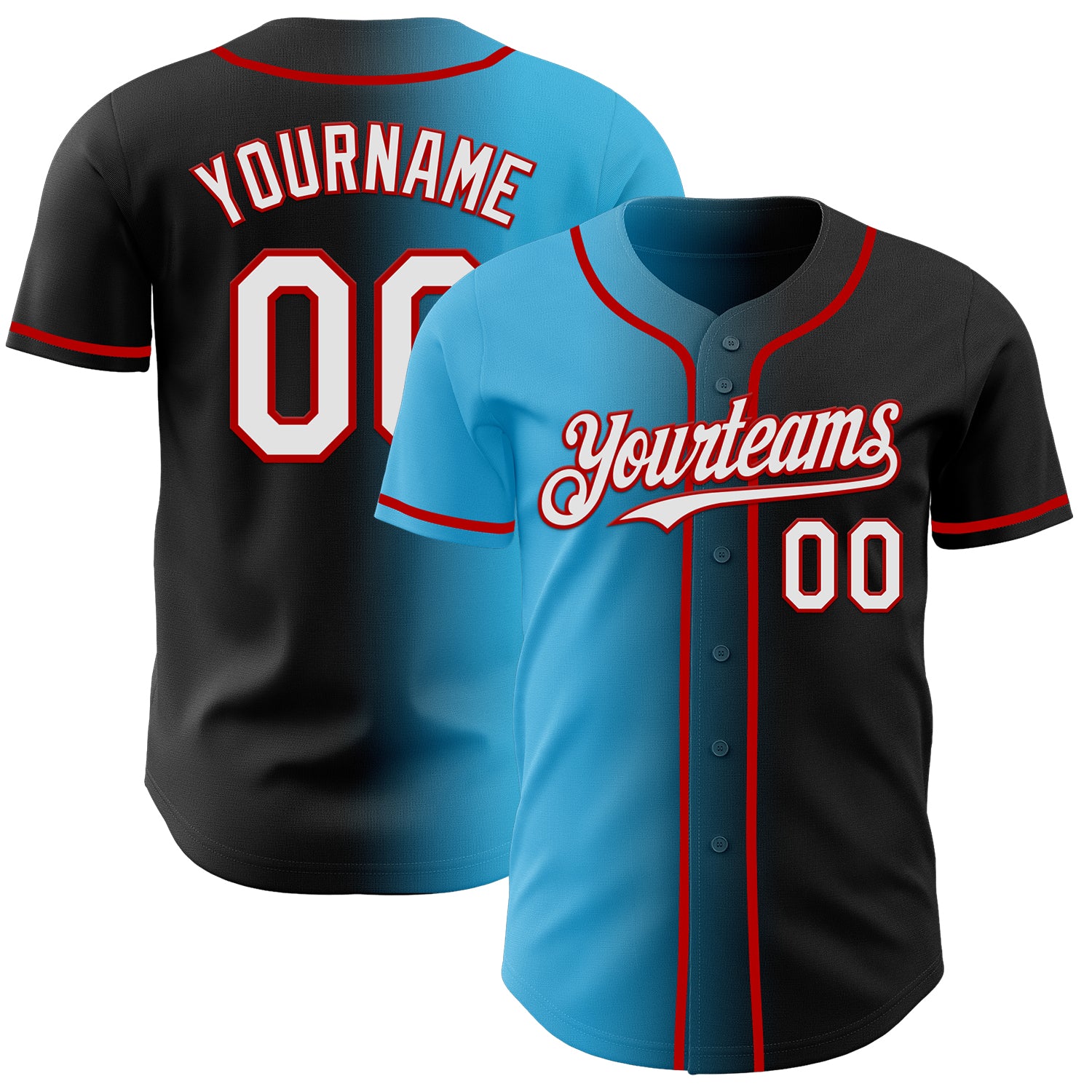 Custom Black White Sky Blue-Red Authentic Gradient Fashion Baseball Jersey