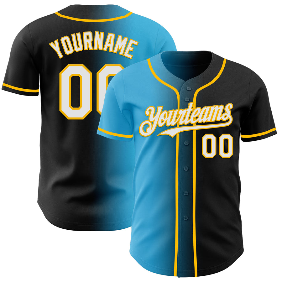 Custom Black White Sky Blue-Gold Authentic Gradient Fashion Baseball Jersey