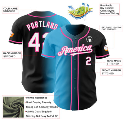 Custom Black White Sky Blue-Pink Authentic Gradient Fashion Baseball Jersey