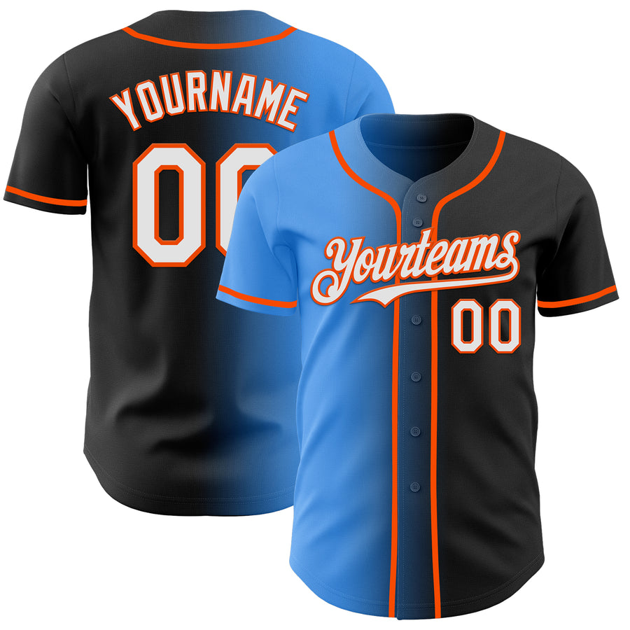 Custom Black White Electric Blue-Orange Authentic Gradient Fashion Baseball Jersey