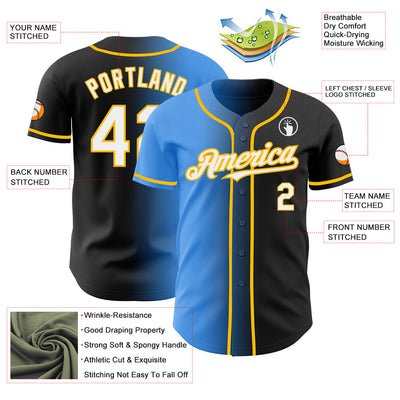 Custom Black White Electric Blue-Gold Authentic Gradient Fashion Baseball Jersey