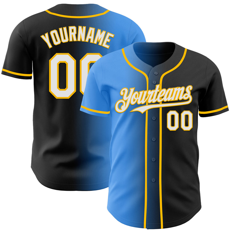 Custom Black White Electric Blue-Gold Authentic Gradient Fashion Baseball Jersey