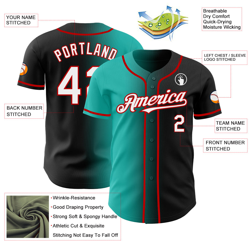 Custom Black White Aqua-Red Authentic Gradient Fashion Baseball Jersey