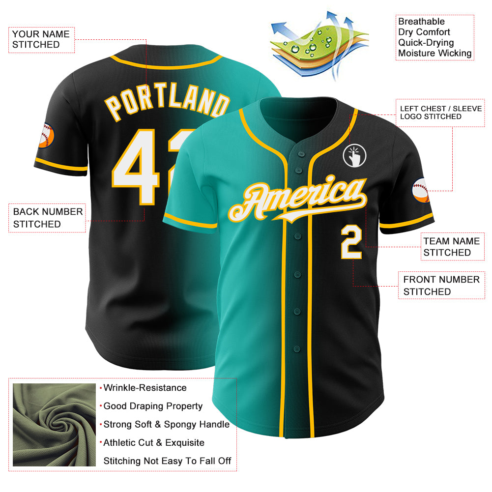 Custom Black White Aqua-Gold Authentic Gradient Fashion Baseball Jersey