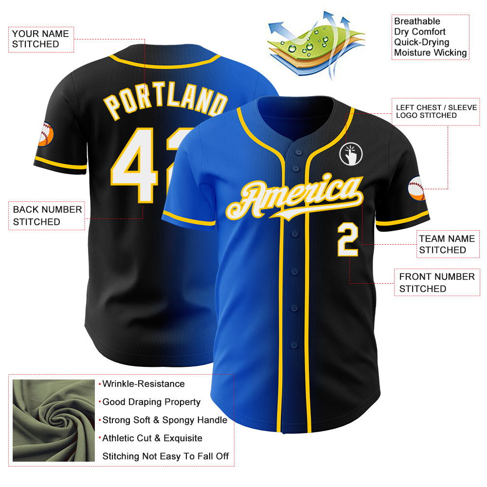 Custom Black White Thunder Blue-Yellow Authentic Gradient Fashion Baseball Jersey
