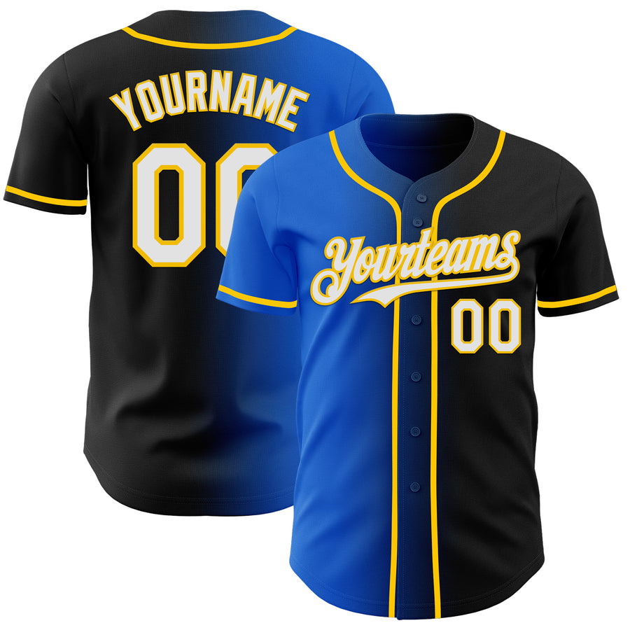 Custom Black White Thunder Blue-Yellow Authentic Gradient Fashion Baseball Jersey
