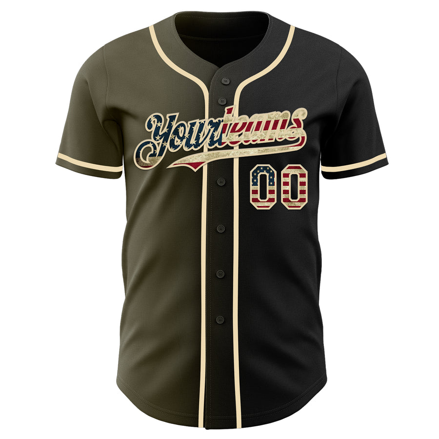 Custom Black Vintage USA Flag Olive-Cream Authentic Gradient Fashion Baseball Jersey