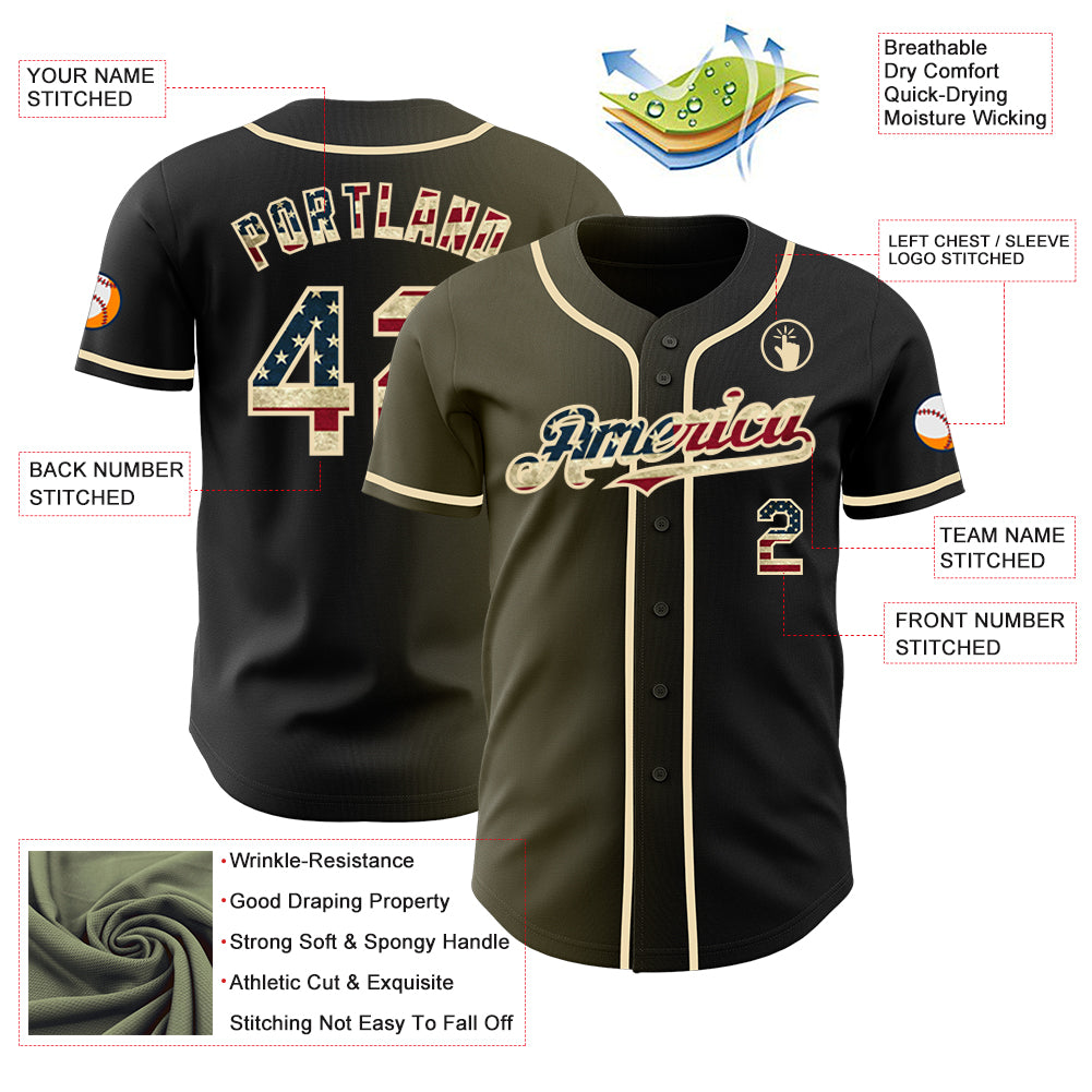 Custom Black Vintage USA Flag Olive-Cream Authentic Gradient Fashion Baseball Jersey