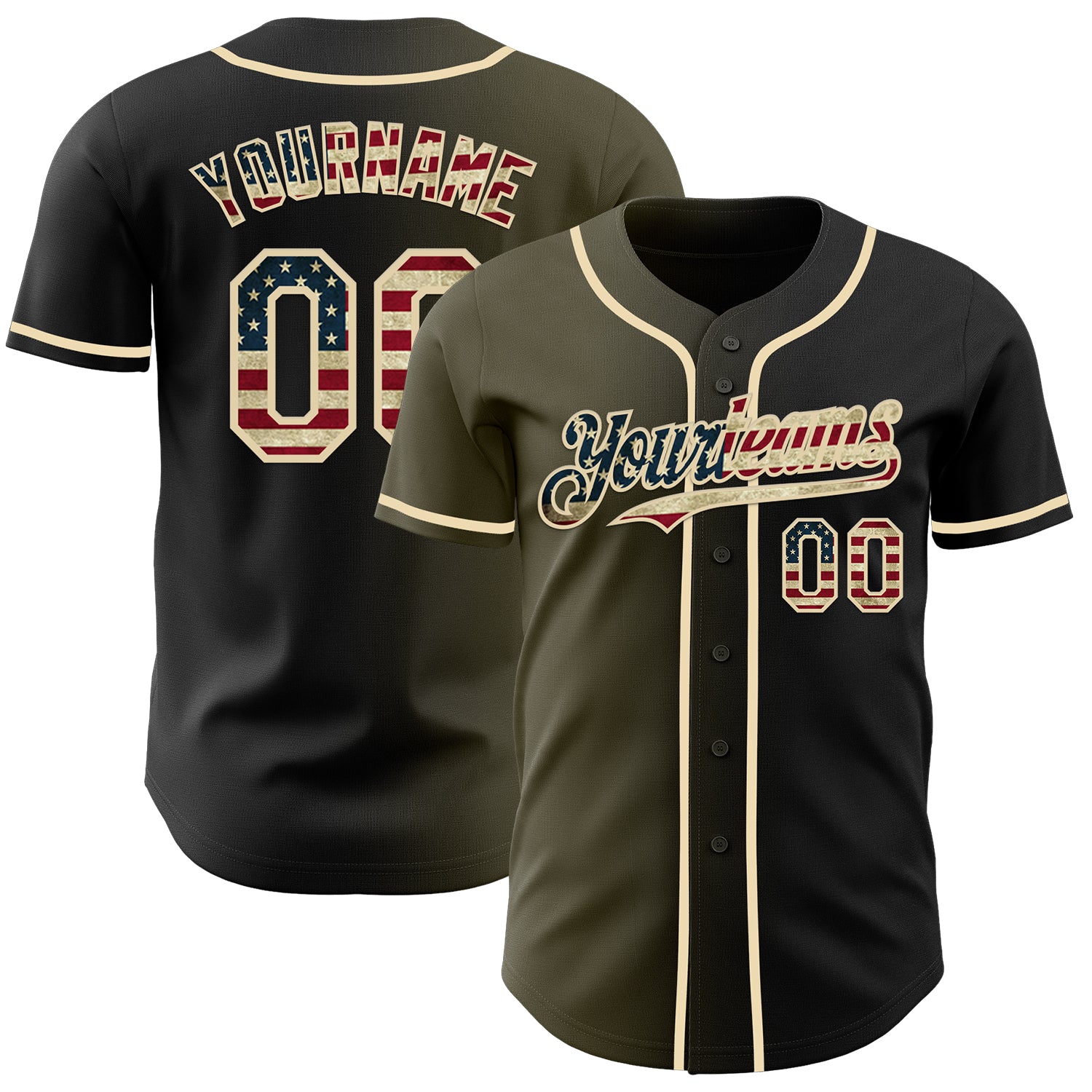 Custom Black Vintage USA Flag Olive-Cream Authentic Gradient Fashion Baseball Jersey
