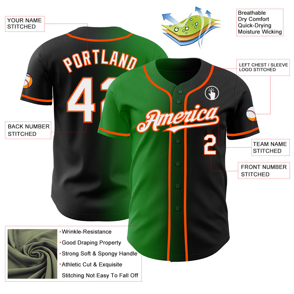 Custom Black White Grass Green-Orange Authentic Gradient Fashion Baseball Jersey