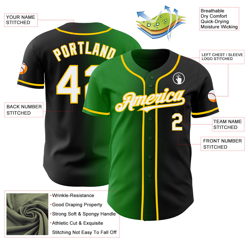 Custom Black White Grass Green-Yellow Authentic Gradient Fashion Baseball Jersey