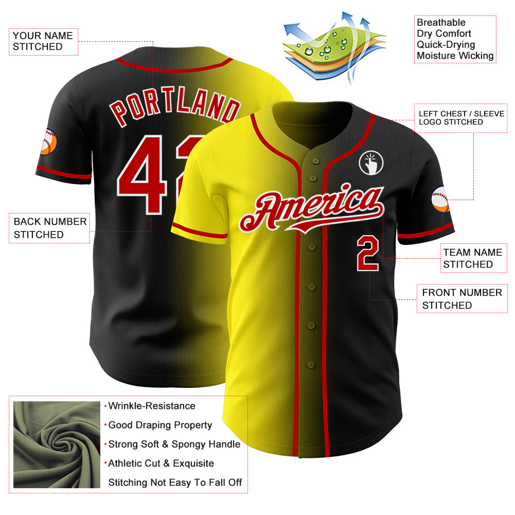 Custom Black Red Light Yellow-White Authentic Gradient Fashion Baseball Jersey