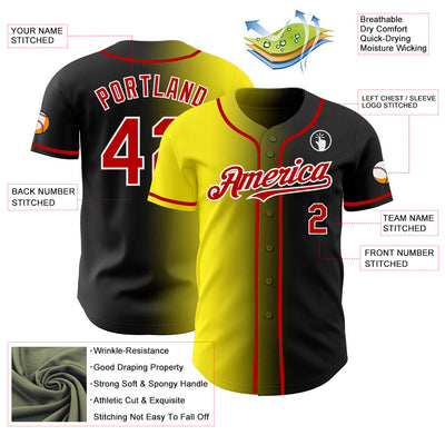 Custom Black Red Light Yellow-White Authentic Gradient Fashion Baseball Jersey