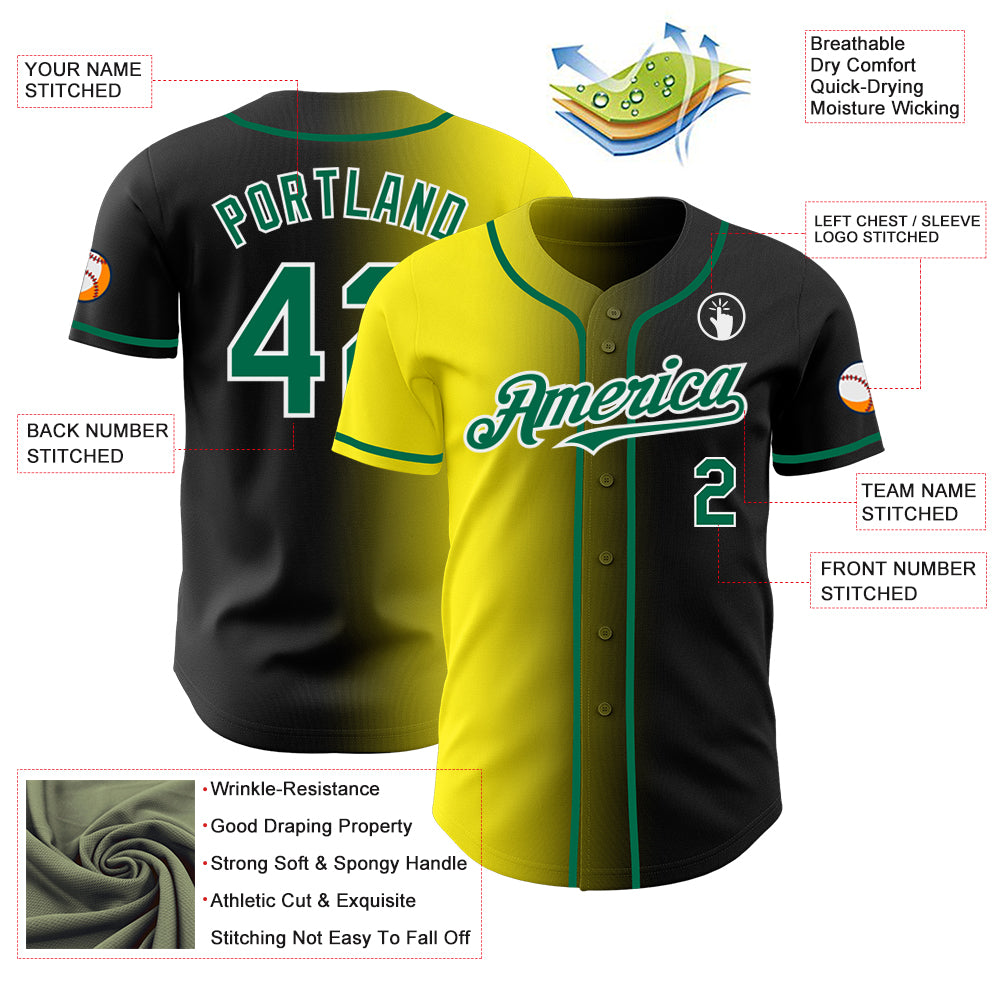 Custom Black Kelly Green Light Yellow-White Authentic Gradient Fashion Baseball Jersey