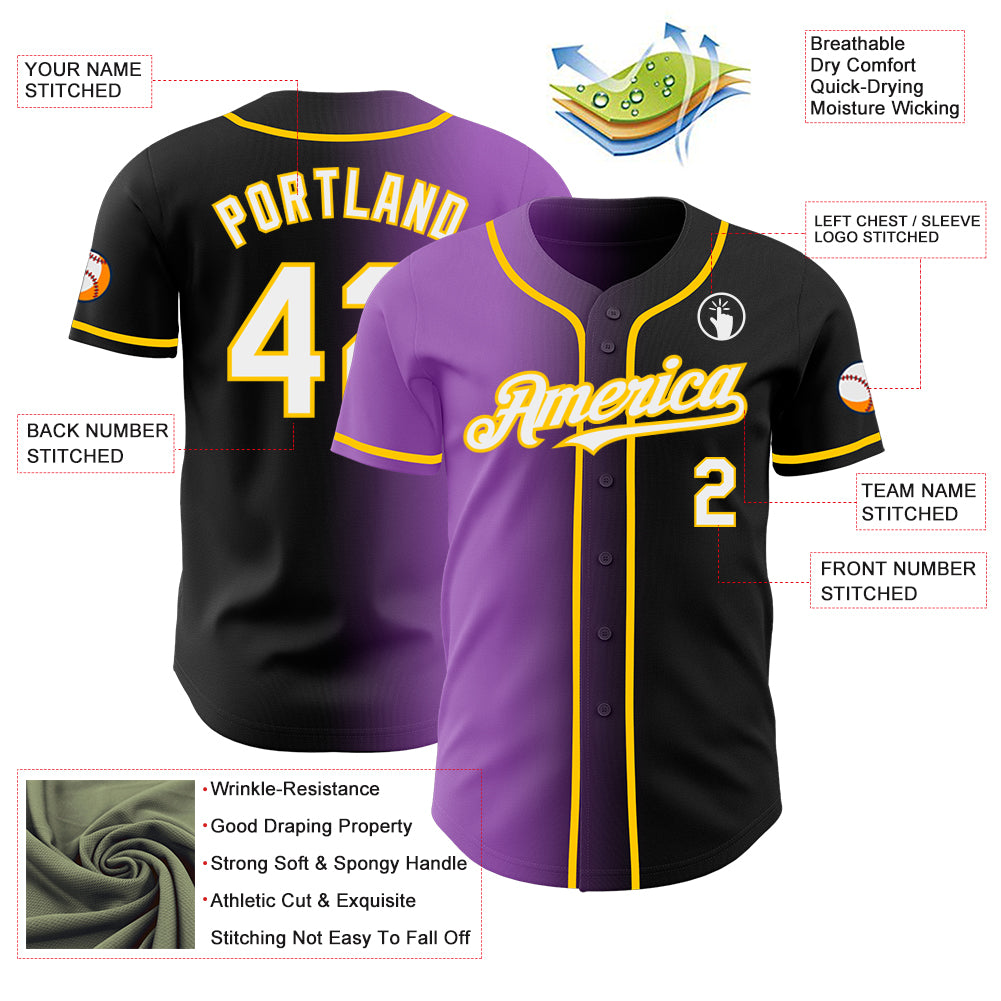 Custom Black White Medium Purple-Yellow Authentic Gradient Fashion Baseball Jersey