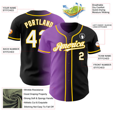 Custom Black White Medium Purple-Yellow Authentic Gradient Fashion Baseball Jersey