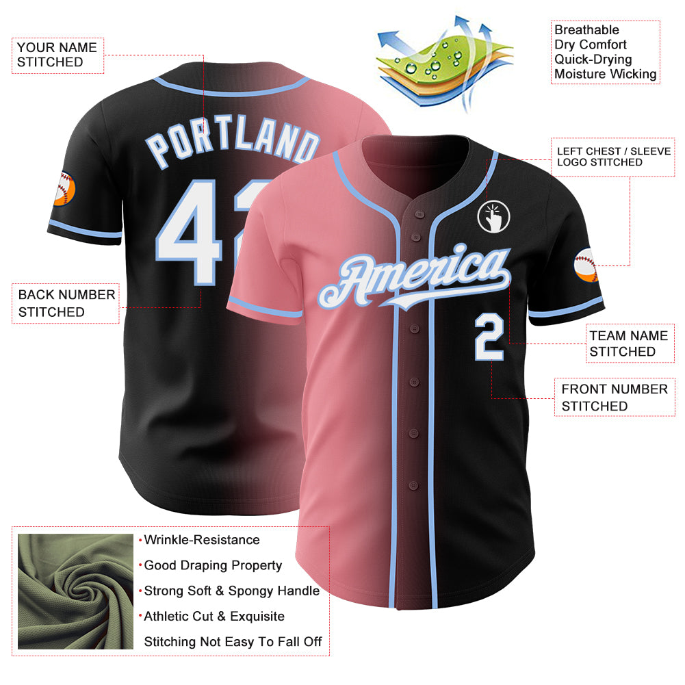 Custom Black White Medium Pink-Light Blue Authentic Gradient Fashion Baseball Jersey