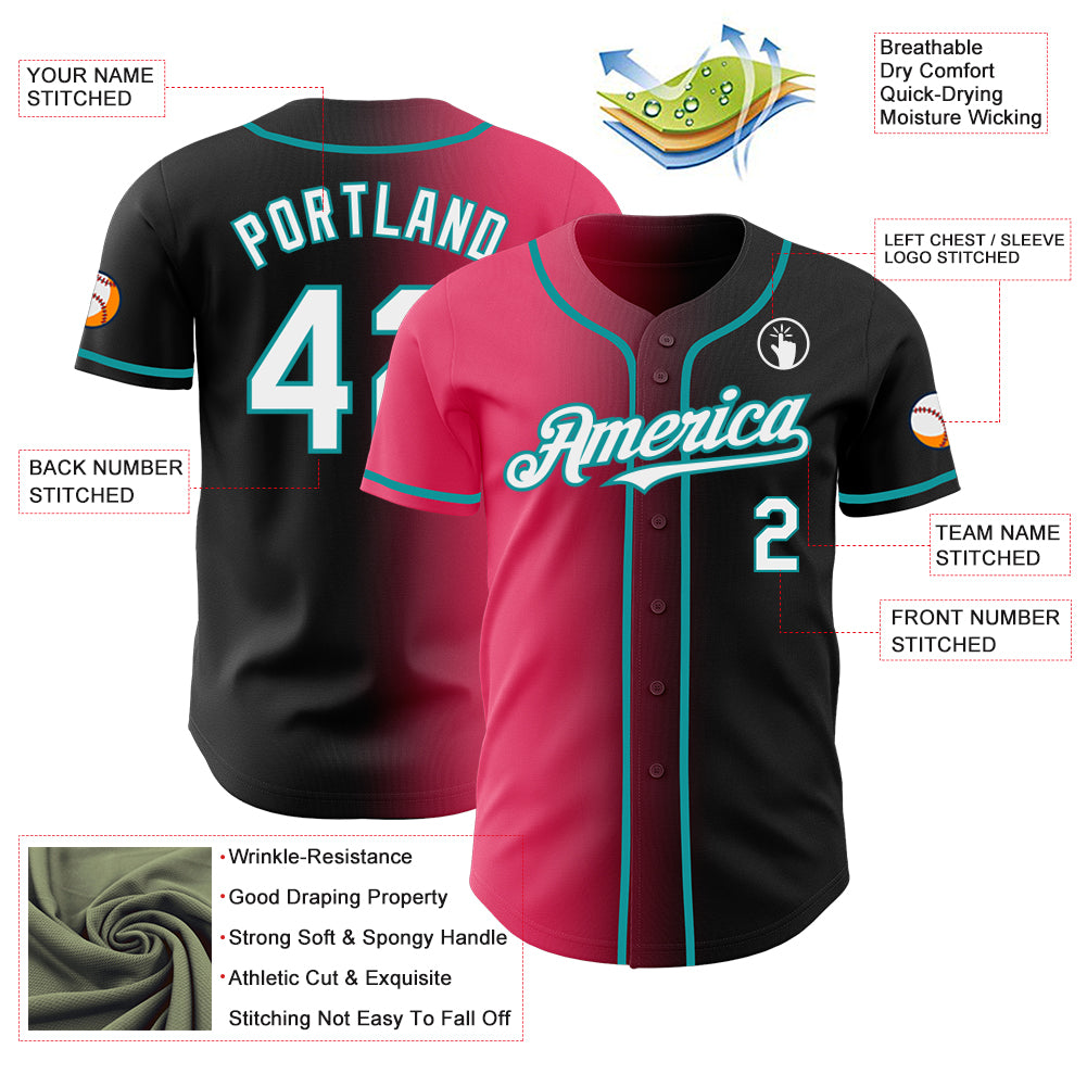 Custom Black White Neon Pink-Teal Authentic Gradient Fashion Baseball Jersey