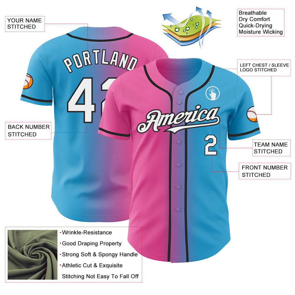 Custom Sky Blue White Pink-Black Authentic Gradient Fashion Baseball Jersey
