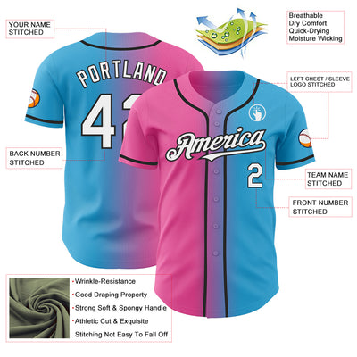 Custom Sky Blue White Pink-Black Authentic Gradient Fashion Baseball Jersey