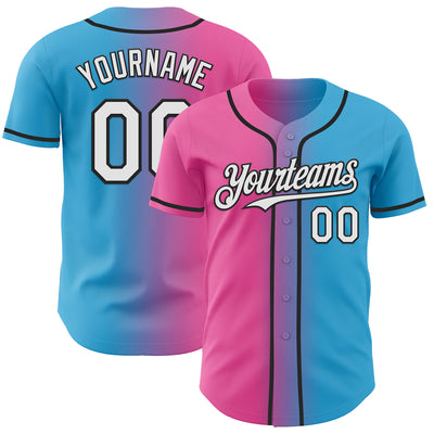 Custom Sky Blue White Pink-Black Authentic Gradient Fashion Baseball Jersey