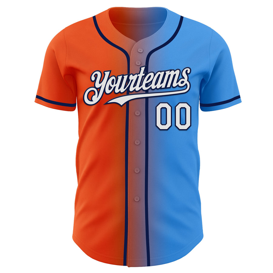 Custom Electric Blue White Orange-Navy Authentic Gradient Fashion Baseball Jersey