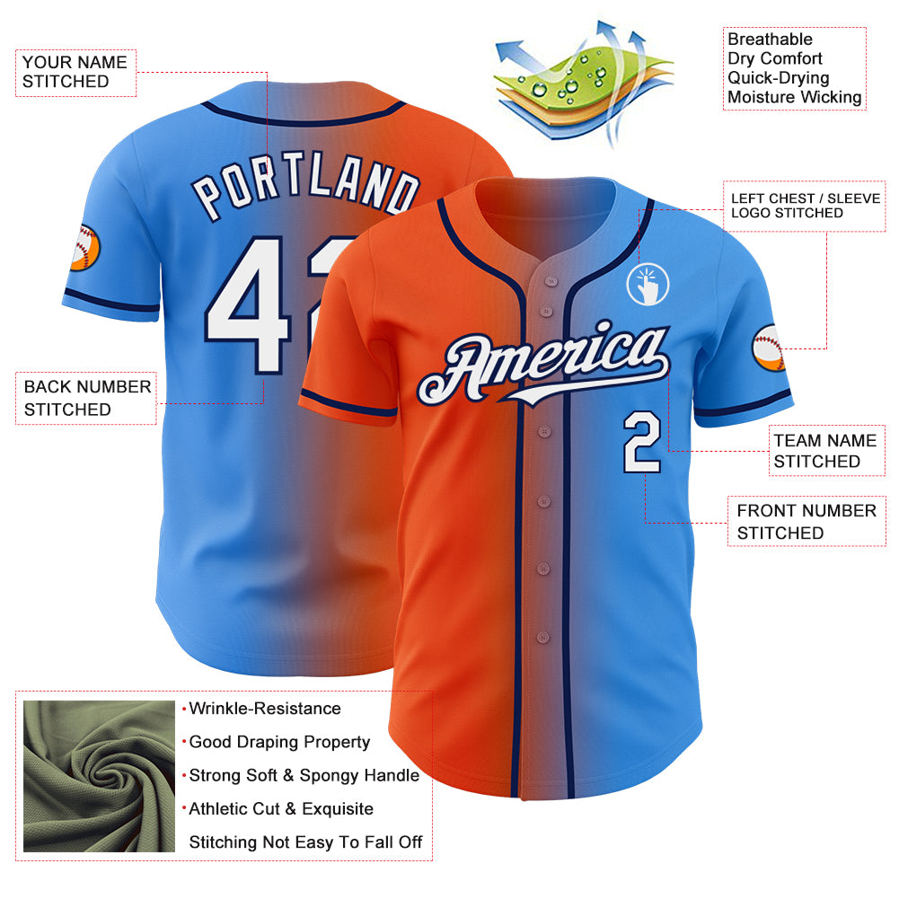 Custom Electric Blue White Orange-Navy Authentic Gradient Fashion Baseball Jersey