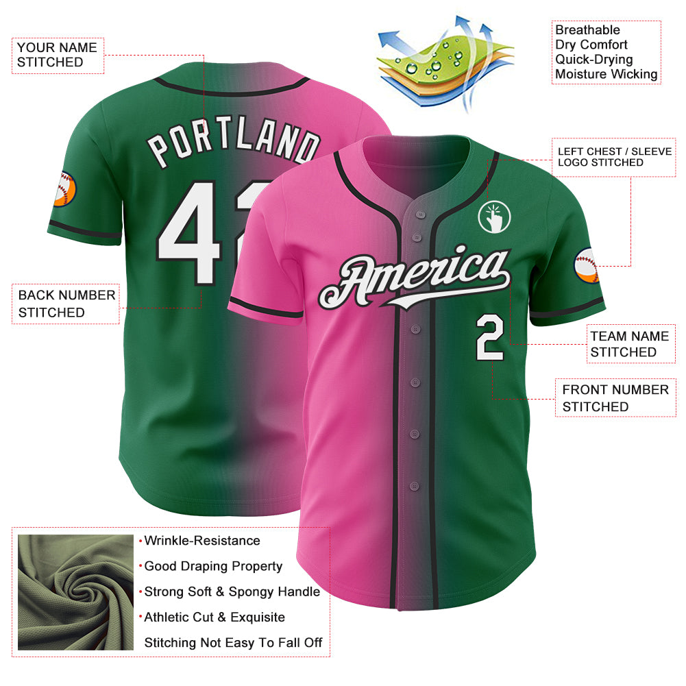Custom Kelly Green White Pink-Black Authentic Gradient Fashion Baseball Jersey
