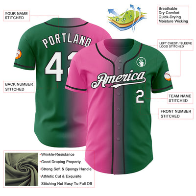 Custom Kelly Green White Pink-Black Authentic Gradient Fashion Baseball Jersey