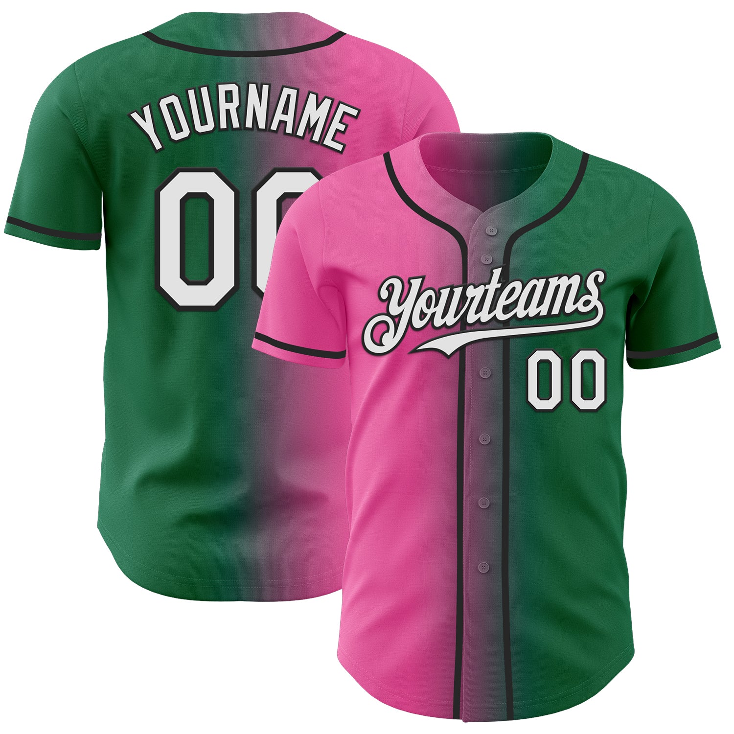 Custom Kelly Green White Pink-Black Authentic Gradient Fashion Baseball Jersey