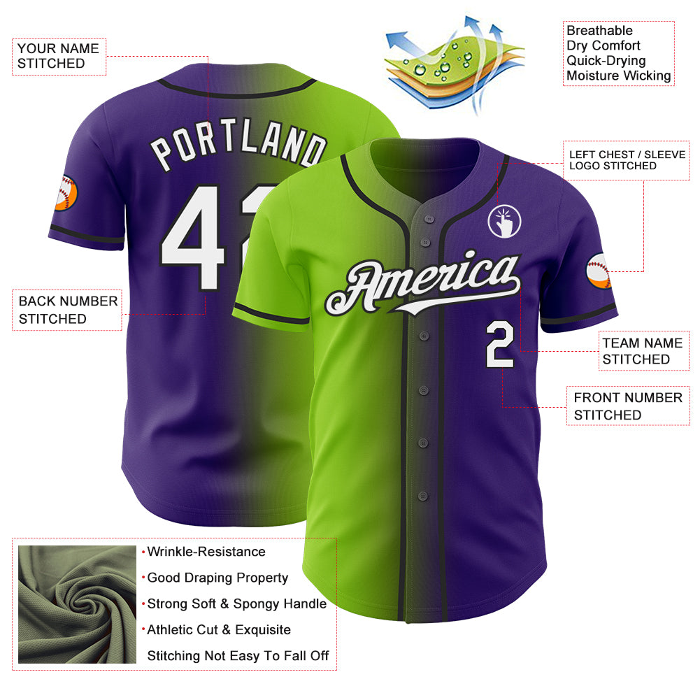 Custom Purple White Neon Green-Black Authentic Gradient Fashion Baseball Jersey