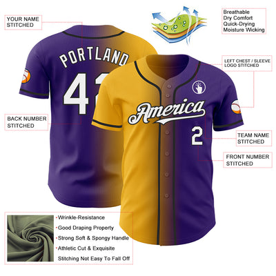 Custom Purple White Gold-Black Authentic Gradient Fashion Baseball Jersey