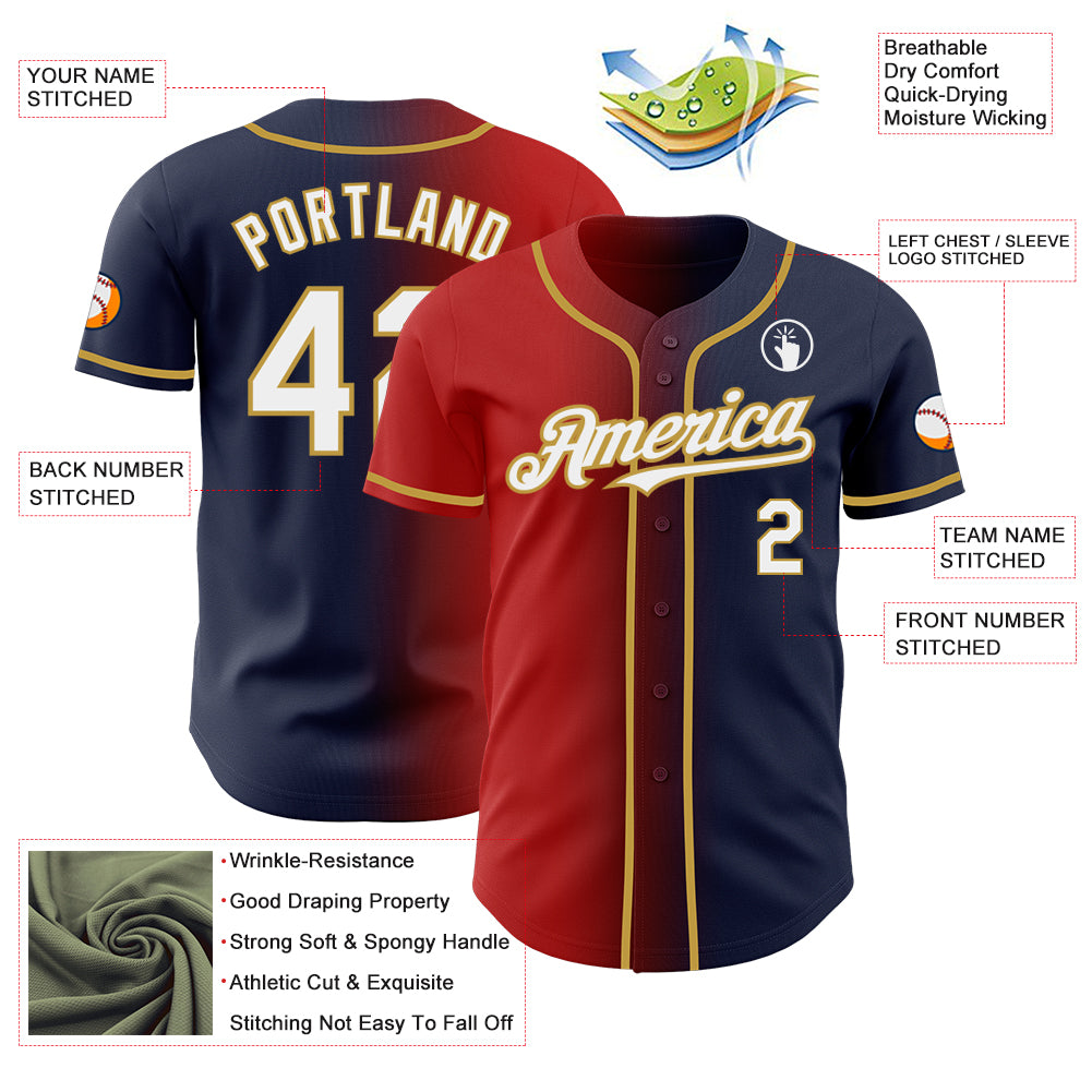 Custom Navy White Red-Old Gold Authentic Gradient Fashion Baseball Jersey