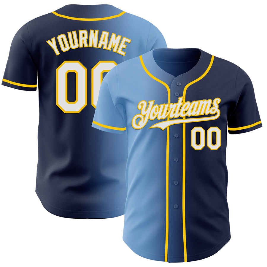 Custom Navy White Light Blue-Yellow Authentic Gradient Fashion Baseball Jersey