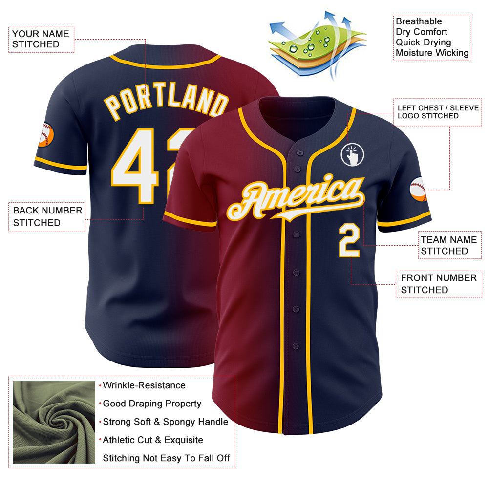 Custom Navy White Crimson-Gold Authentic Gradient Fashion Baseball Jersey