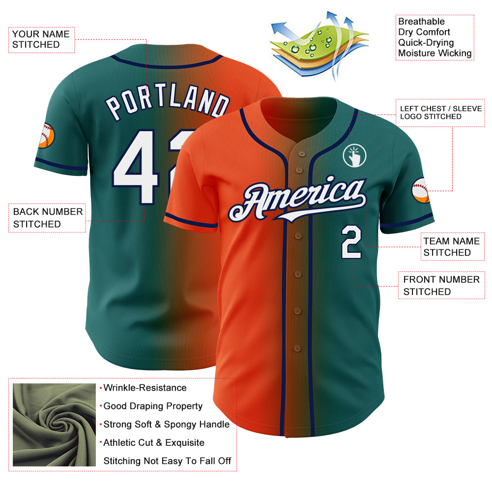 Custom Teal White Orange-Navy Authentic Gradient Fashion Baseball Jersey