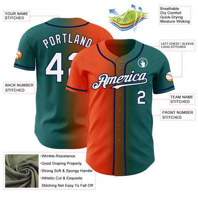 Custom Teal White Orange-Navy Authentic Gradient Fashion Baseball Jersey