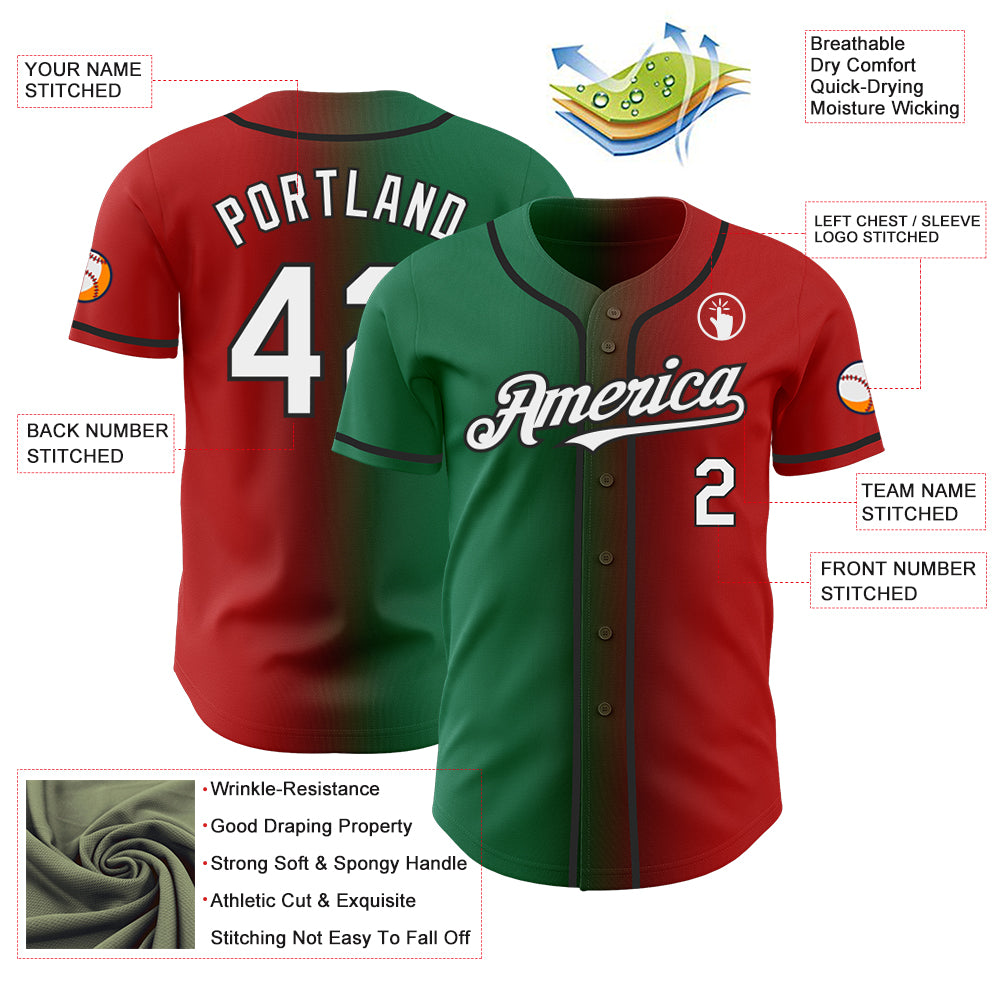Custom Red White Kelly Green-Black Authentic Gradient Fashion Baseball Jersey
