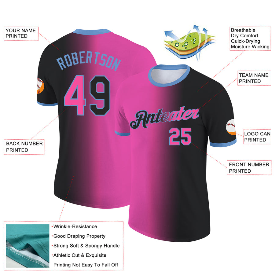 Custom Black Pink-Light Blue Gradient Fashion Performance T-Shirt