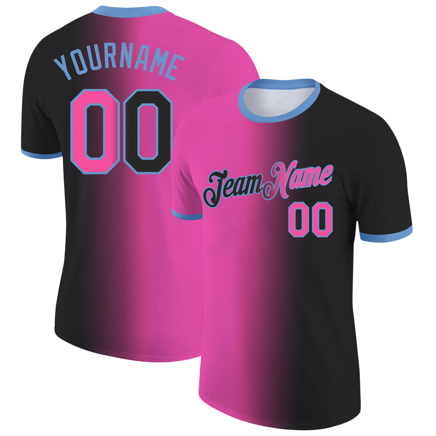 Custom Black Pink-Light Blue Gradient Fashion Performance T-Shirt