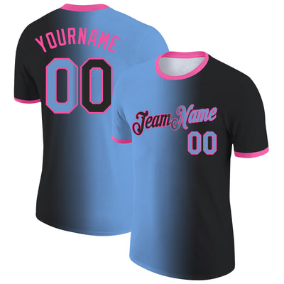 Custom Black Light Blue-Pink Gradient Fashion Performance T-Shirt