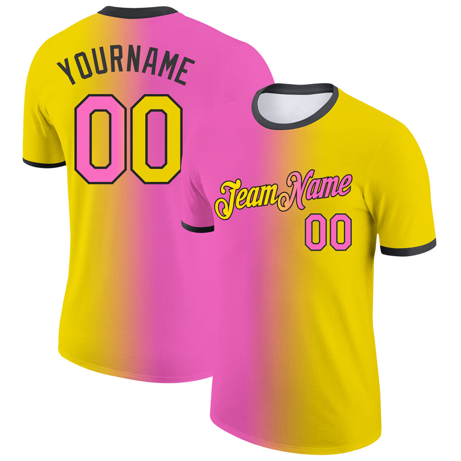 Custom Yellow Pink-Black Gradient Fashion Performance T-Shirt