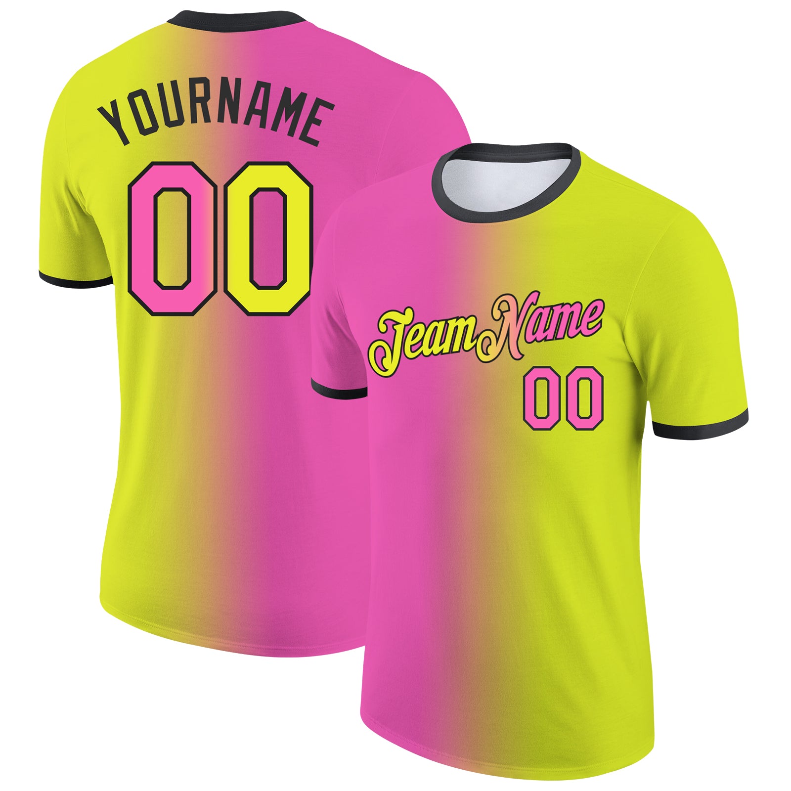 Custom Neon Yellow Pink-Black Gradient Fashion Performance T-Shirt