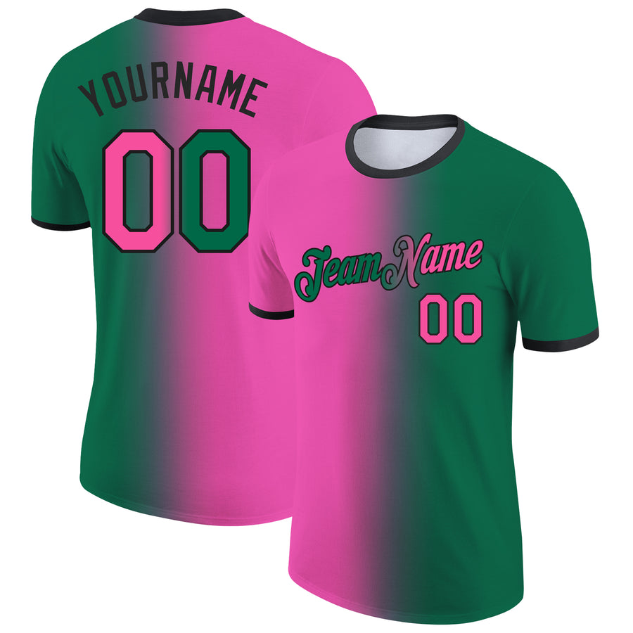 Custom Kelly Green Pink-Black Gradient Fashion Performance T-Shirt