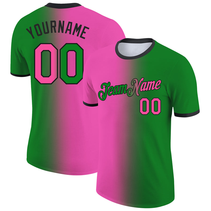 Custom Grass Green Pink-Black Gradient Fashion Performance T-Shirt