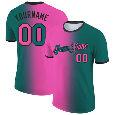 Custom Teal Pink-Black Gradient Fashion Performance T-Shirt