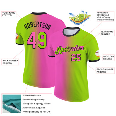 Custom Neon Green Pink-Black Gradient Fashion Performance T-Shirt